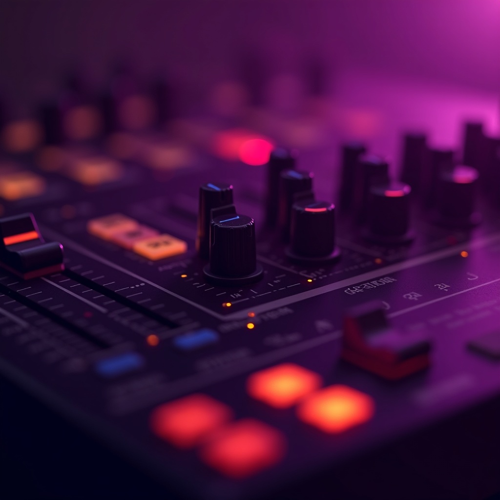 Mixing konsolunun fader ve knob'larının makro çekimi, magenta ışık